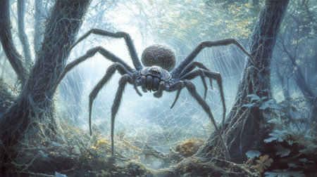 A spider carefully weaving its intricate web between two tree branches in a peaceful forest.の素材