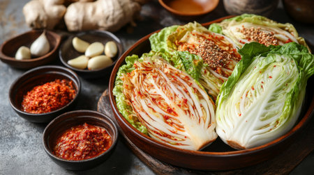 A traditional Korean kimchi-making process, with chili powder, garlic, and ginger in bowls beside the cabbage.の素材