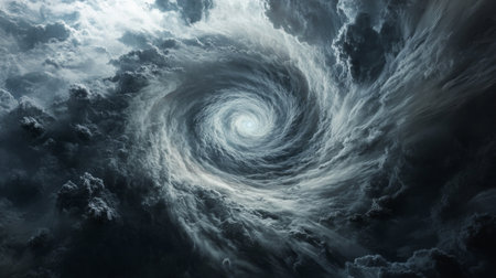 A view of a cyclones spiral formation from space, showing the intricate cloud patterns and the calm eye of the storm.の素材