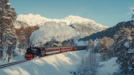 A train passing through a snowy mountain landscape, leaving a trail of steam.の素材