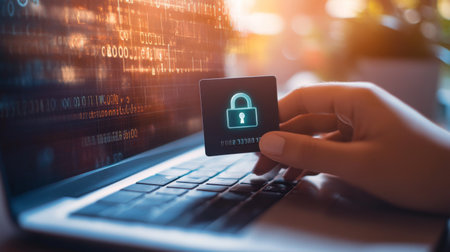 A person using a stolen credit card to make an online purchase, with a padlock icon in the background.の素材