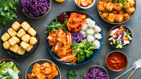 A vibrant Korean banchan spread with kimchi, sauted vegetables, and rice cakes.の素材