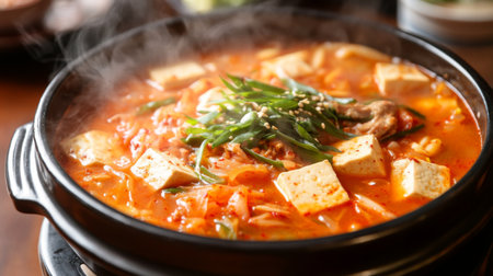 A traditional Korean dish of kimchi stew Kimchi Jjigae with tofu and pork in a steaming pot.の素材