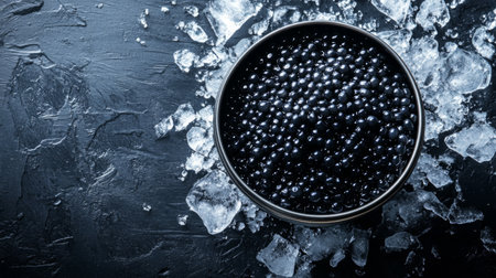 A tin of fresh sturgeon caviar surrounded by crushed ice, maintaining its freshness.の素材