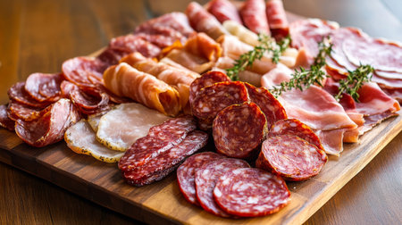 A tray of assorted cured meats, including prosciutto, salami, and chorizo, on a wooden platter.の素材