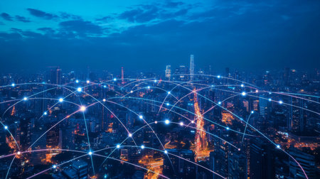 A visual of a city skyline with glowing lines representing an information network connecting various buildings.の素材