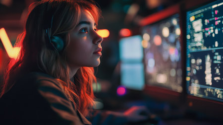 A young cybersecurity expert in a control center monitoring cyber threats in real-time.の素材