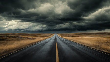 A stormy sky over an open road, with dark clouds gathering and the winds whipping through the landscape.の素材
