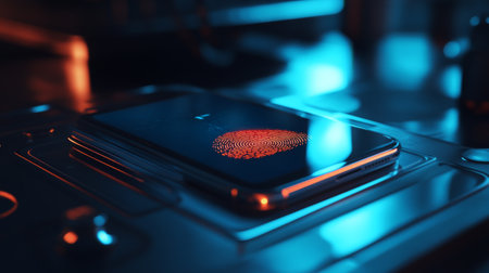 A smartphone with a biometric security system scanning a fingerprint to unlock sensitive data.の素材