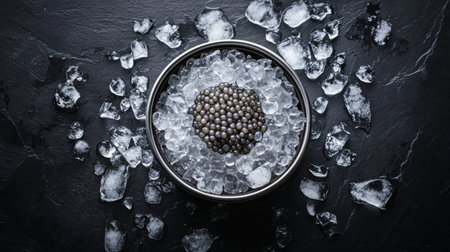 A tin of fresh sturgeon caviar surrounded by crushed ice, maintaining its freshness.の素材