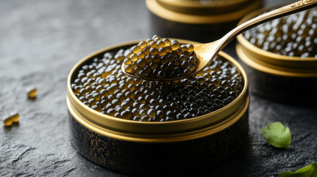 A gourmet spoon lifting caviar from an open tin, with elegant fine dining decor in the background.の素材