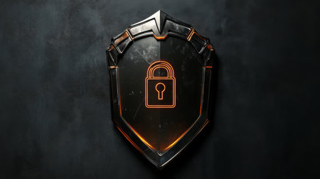 A shield with a digital lock in the center, representing cyber protection and online security.の素材