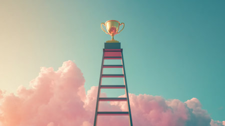 A ladder leading to a trophy at the top, symbolizing achievement and goal setting.の素材