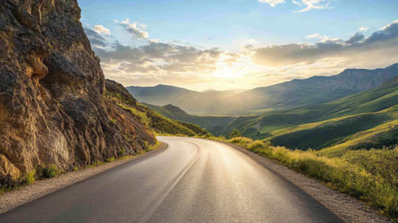 A scenic mountain road with dramatic cliffs and breathtaking views, leading into the horizon.の素材