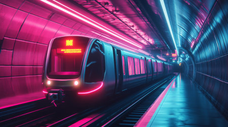 A modern subway train arriving at an underground station with bright neon lights.の素材
