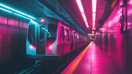 A modern subway train arriving at an underground station with bright neon lights.の素材