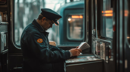 A train conductor checking tickets inside a busy passenger car.の素材