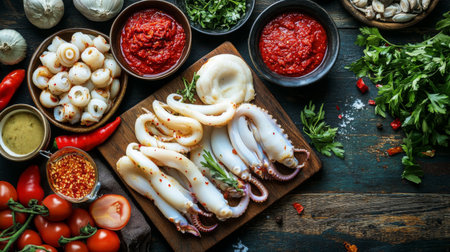 An artistic arrangement of ingredients for Korean spicy squid, including fresh squid, chili paste, and vegetables, beautifully displayed on a rustic wooden table.の素材