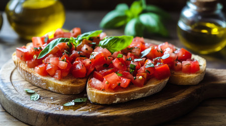 An artistic presentation of bruschetta topped with diced tomatoes, basil, and olive oil, served on a wooden platter with a rustic feel.の素材