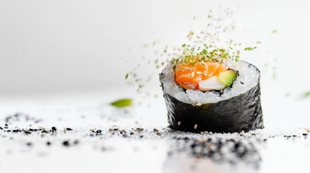 An artistic shot of a single piece of sushi adorned with colorful toppings, set against a minimalist background to emphasize its beauty and craftsmanship.の素材