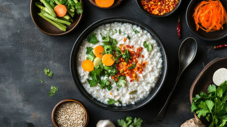An artistic shot of hot rice porridge served with a side of pickled vegetables and a small dish of chili paste, creating an inviting and delicious breakfast scene.の素材