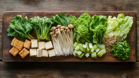 An artistic arrangement of sukiyaki ingredients, including fresh greens, mushrooms, and tofu, beautifully displayed on a wooden board with a rustic background.の素材