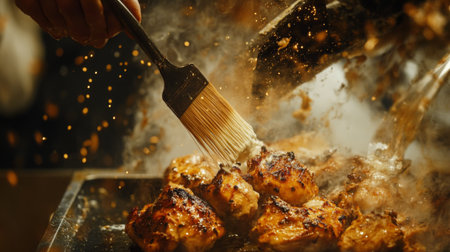 An artistic shot of tandoori chicken being brushed with melted butter, capturing the moment of preparation and the anticipation of a flavorful meal.の素材