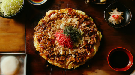 An artistic arrangement of okonomiyaki ingredients, including cabbage, pork, and batter, displayed on a wooden table, highlighting the fresh and vibrant components.の素材