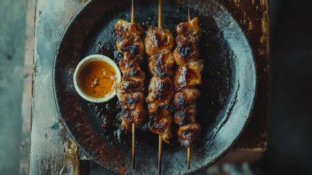 An artistic shot of yakitori being served on a rustic plate, showcasing the smoky char and glistening glaze, with a side of dipping sauce for added flavor.の素材