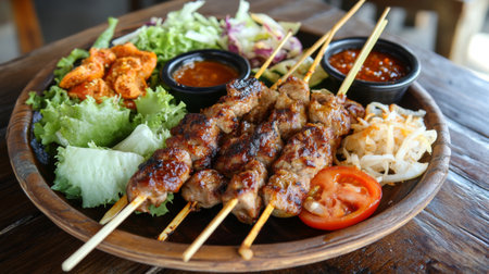 A beautifully arranged barbecue platter featuring assorted skewers of meat, served with fresh salads and dipping sauces on a rustic wooden table.の素材