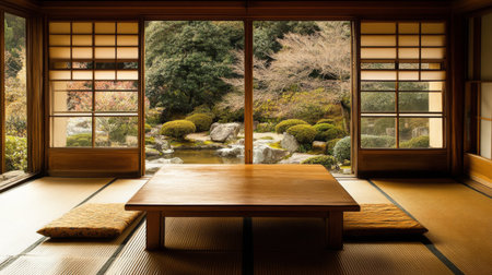 An elegant Japanese tea room featuring a simple design, a low wooden table, floor cushions, and a beautiful view of a serene rock garden through large windows.の素材