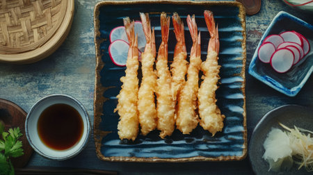 An artistic layout of tempura shrimp on a traditional Japanese serving dish, garnished with sliced radish and a small bowl of soy sauce for dipping.の素材