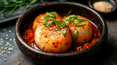 An artistic shot of kimchi garnished with sliced green onions and sesame seeds, served in a traditional dish, creating a colorful and appetizing presentation.の素材