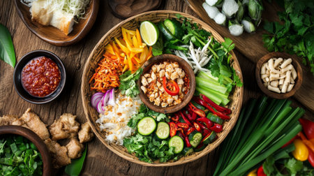 An artistic shot of Khao Mok Gai served in a traditional bowl, with a side of spicy dipping sauce and fresh vegetables, highlighting its vibrant colors and textures.の素材
