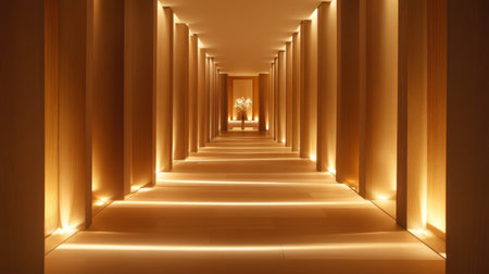 An inviting hallway in a minimalist home, featuring simple decor, natural wood accents, and soft lighting that creates a warm and welcoming atmosphere.の素材