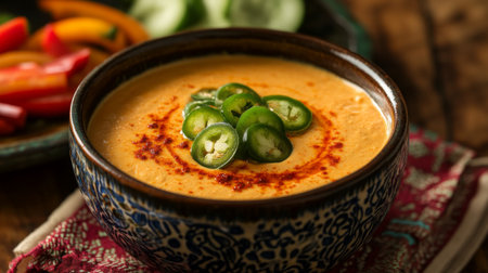 An artistic shot of chili dip in a traditional ceramic bowl, garnished with sliced green chilies and served with a variety of fresh vegetables for dipping.の素材