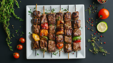 An artistic layout of marinated skewers arranged neatly on a white plate, with fresh herbs and spices sprinkled around for a gourmet touch.の素材