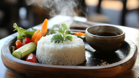 A beautifully arranged plate of steaming white rice, garnished with fresh cilantro and served alongside colorful vegetables and a small bowl of soy sauce.の素材