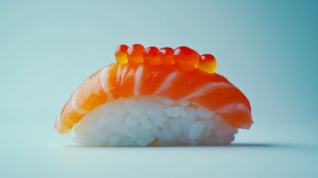 An artistic shot of a single piece of sushi adorned with colorful toppings, set against a minimalist background to emphasize its beauty and craftsmanship.の素材