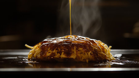 An artistic shot of okonomiyaki being drizzled with sauce and mayonnaise, capturing the moment of preparation and the visual appeal of the dish.の素材