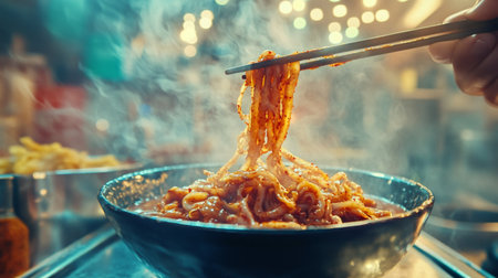 An artistic shot of a bowl of Korean spicy squid being enjoyed with chopsticks, emphasizing the glossy sauce and tender texture of the squid in a cozy kitchen setting.の素材