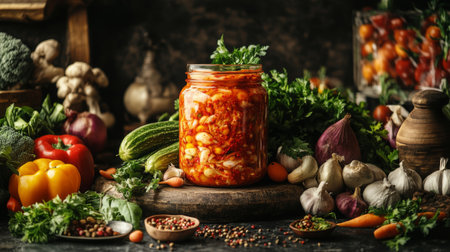 An artistic shot of a jar of kimchi fermenting on a kitchen counter, surrounded by fresh vegetables and spices, highlighting the traditional preparation process.の素材