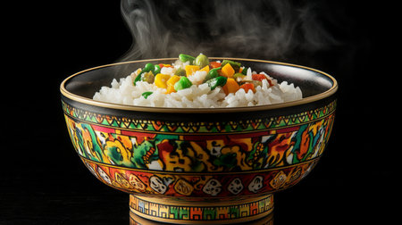 An artistic shot of white rice presented in a polished bowl, with steam gently rising and colorful ingredients surrounding it for a vibrant culinary scene.の素材