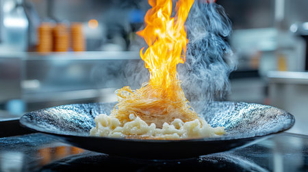 An artistic shot of crispy seaweed-wrapped glass noodles being dipped into a tangy sauce, highlighting the crunchy texture and delicious filling in a vibrant kitchen setting.の素材