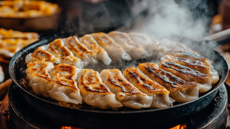 An artistic shot of gyoza cooking in a pan, with steam rising and the aroma of fresh ingredients filling the air, emphasizing the cooking process and flavors.の素材