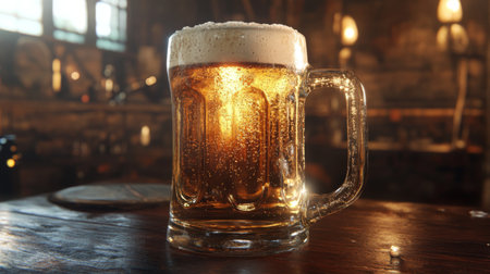 A classic beer mug filled with cold, golden beer and a thick layer of foam, resting on a wooden table with the sunlight casting a warm glow.の素材