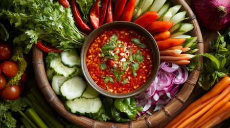 An artistic shot of Khao Mok Gai served in a traditional bowl, with a side of spicy dipping sauce and fresh vegetables, highlighting its vibrant colors and textures.の素材