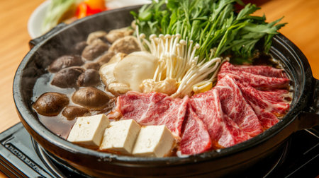 A beautifully arranged hot pot filled with succulent slices of beef, tofu, mushrooms, and vegetables, simmering in a flavorful broth, showcasing the vibrant colors.の素材