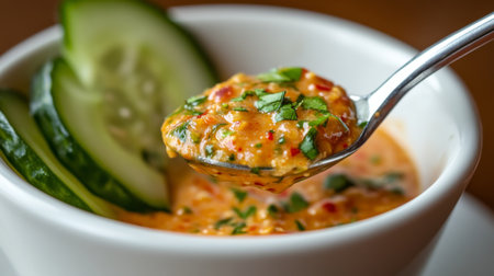 A close-up of a spoonful of rich chili dip being scooped up with a fresh cucumber slice, highlighting the dish's deliciousness and fresh ingredients.の素材