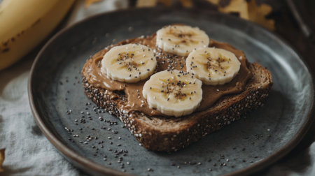 A close-up of a slice of whole grain toast topped with peanut butter and banana slices, sprinkled with chia seeds, showcasing a nutritious snack option.の素材